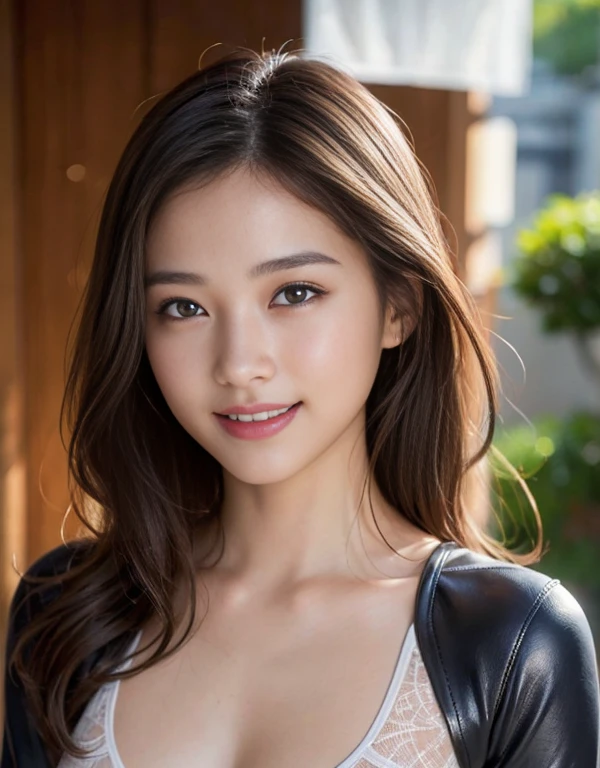 (1 girl)、highest quality、masterpiece、超A high resolution、(Photoreal:1.4)、Raw photo、1 girl、Wet Hair、hot、Sweat、(Wear skin-tight leather racing suits)、female rider、Long sleeve,、Leather Racing Gloves、Portraiture、Shadow、Octane Rendering、8k、Ultra Sharp、Metal、Intricate decorative detailore about Japan、Very intricate detail、Realistic Light、(smile)、Shining Eyes、To the camera、Small LED、close