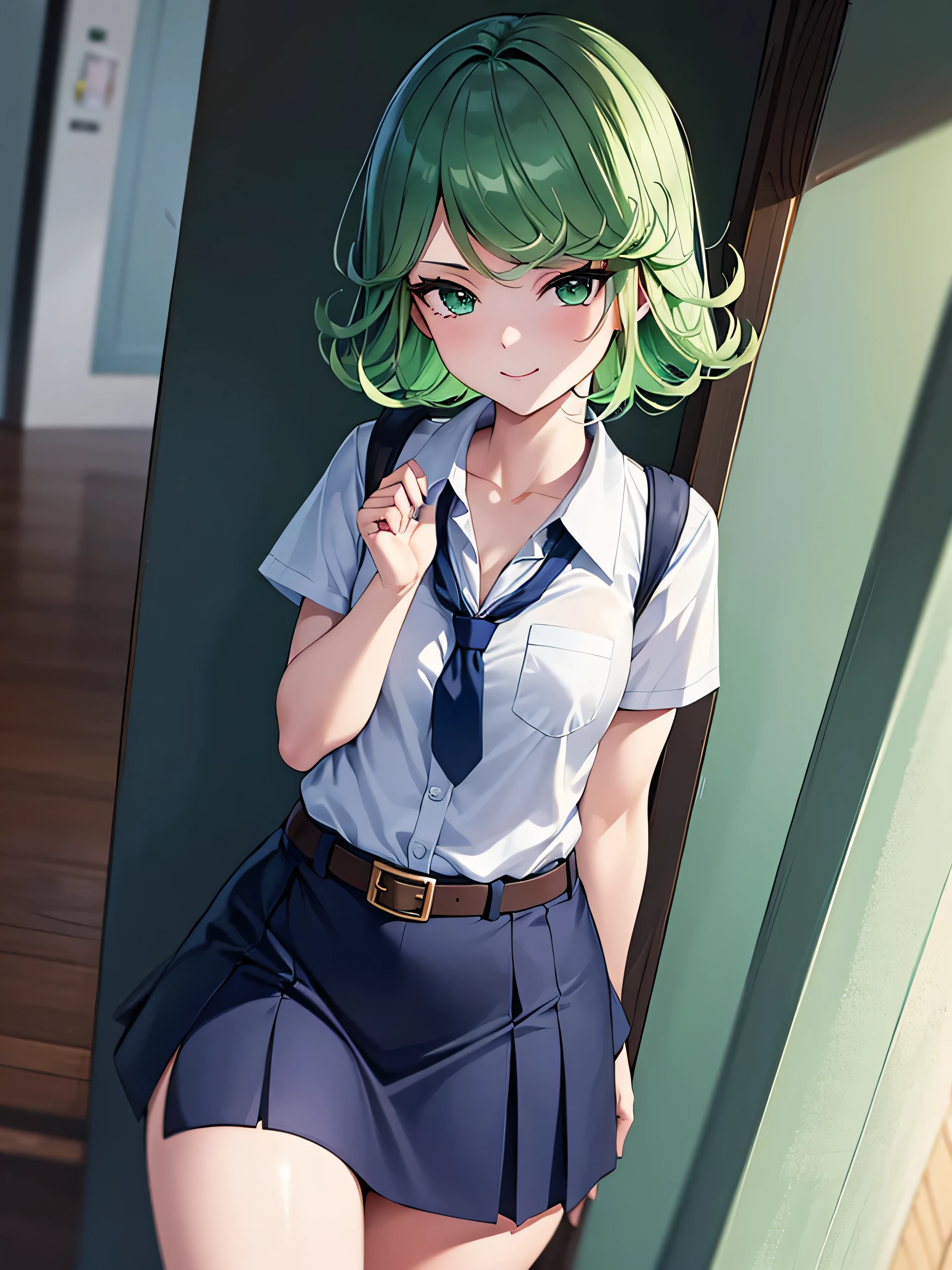 (high res, 8K, masterpiece, looking at viewer, best quality, very aesthetic, ultra detailed, ultra background, ultra Eyes) intricate details, 1girl, Tatsumaki, Chibi, body perpendicular to facing the camera, Green Short Hair, Green Eyes, short sleeved white shirt, Smile Face, pocket on left chest, wearing a Navy Blue tie, Navy Blue short skirt, wear a belt, Background school hallway, School, Cinematic Angle