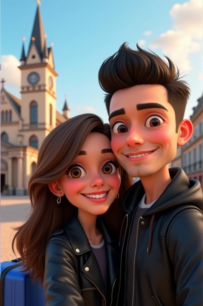 A cartoon Disney-like couple in a selfie, she with long straight brown hair, brown eyes and has a black leather jacket and a nose piercing, He has short black hair combed upwards, a black jacket, and a blue suitcase, in the background a church