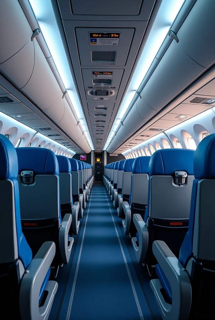 In the pit of the aircraft,Camera 45° overlooking the cabin,You can see a lot of airplane seats,Real Effects,No passengers