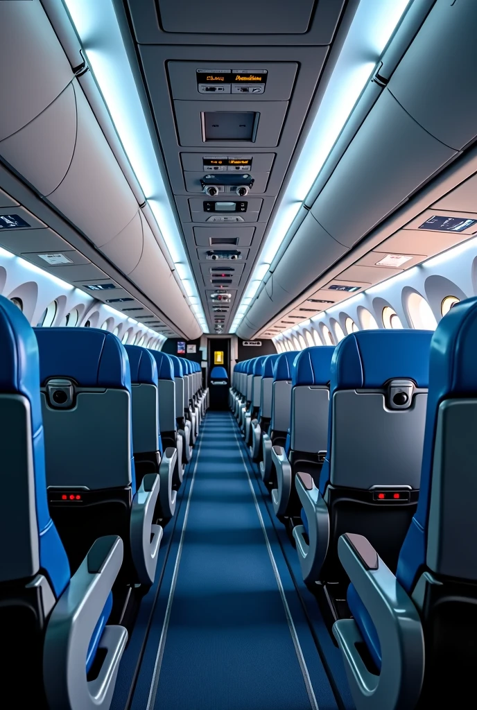 In the cockpit of the aircraft，Camera 45° overlooking the cabin，You can see a lot of airplane seats，Real Effects，No passengers