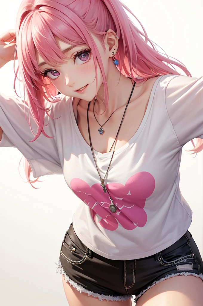Best Quality,High resolution,8k,(plain white background, no patterns, no textures, just a plain white background:1.3),Masterpiece:1.2),beautiful girl,Shiny pink hair,messy hair,Pink eyes,oversized graphic tee with a cheerful design, paired with high-waisted shorts in a light, colorful cotton fabric with a subtle pattern. She is wearing casual sneakers with a pop of color, Accessories include a playful pendant necklace and colorful stud earrings,Gentle look,A refreshing look,smile,Best quality,Best Quality,Aesthetic and aesthetic:1.2,Best details((Super detailed))(High-definition CG illustrations),Slender body,smile,blush,cute,Scrounge,Looking up,Being spoiled,super model