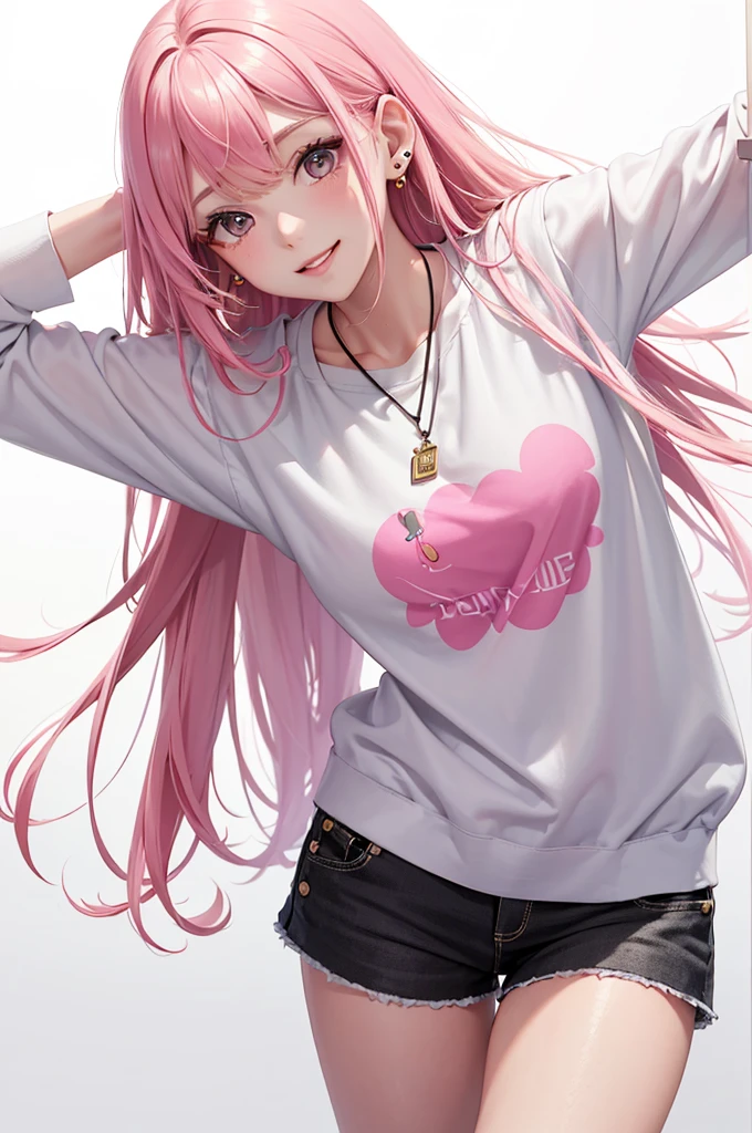 Best Quality,High resolution,8k,(plain white background, no patterns, no textures, just a plain white background:1.3),Masterpiece:1.2),beautiful girl,Shiny pink hair,messy hair,Pink eyes,oversized graphic tee with a cheerful design, paired with high-waisted shorts in a light, colorful cotton fabric with a subtle pattern. She is wearing casual sneakers with a pop of color, Accessories include a playful pendant necklace and colorful stud earrings,Gentle look,A refreshing look,smile,Best quality,Best Quality,Aesthetic and aesthetic:1.2,Best details((Super detailed))(High-definition CG illustrations),Slender body,smile,blush,cute,Scrounge,Looking up,Being spoiled,super model