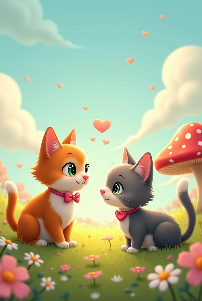 Create an image where there are two cute cartoon couple cats starting at a distance with love and affection for each other