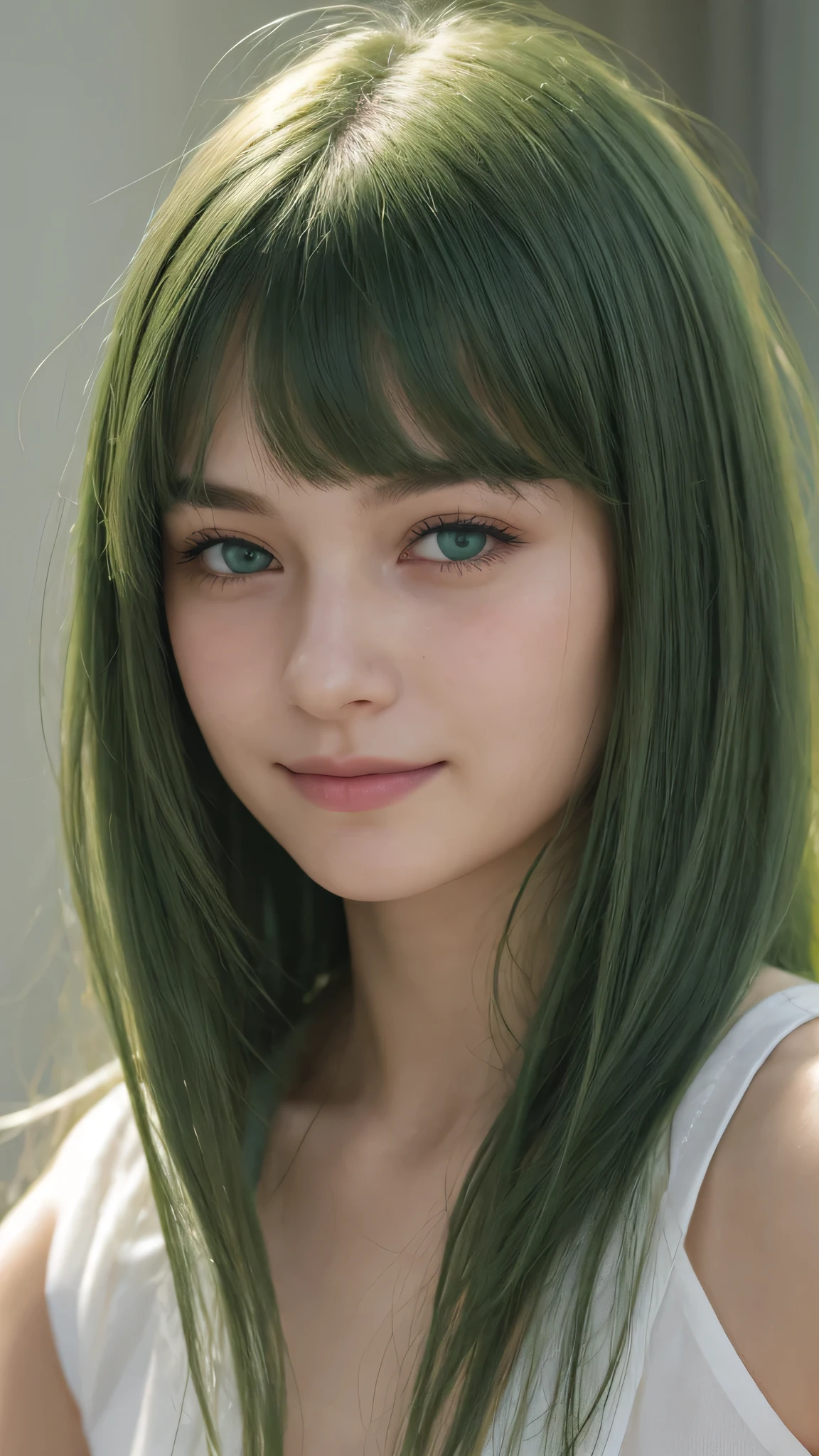 a girl. European. Extremely detailed face. Oval face. Delicate facial features. Half-closed eyes. Long straight hair. Messy hair. Bangs. Green hair. Green eyes. lewd expression. sad mood. smile slightly