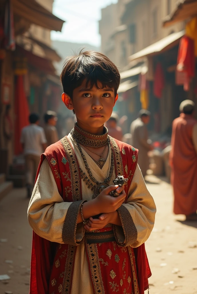 A young boy of 30 years wearing good clothes of a old empire facing in front (poor)