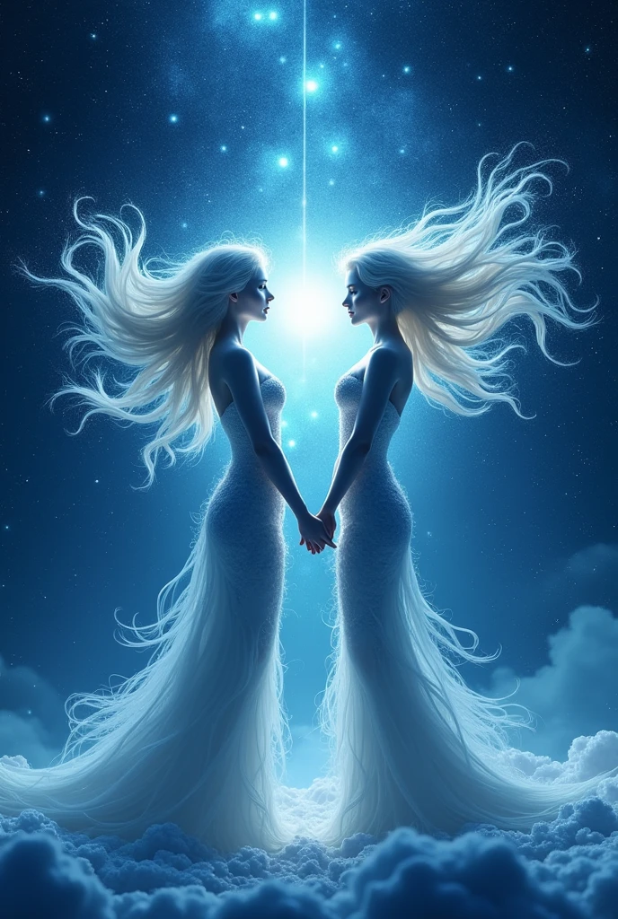 Pisces, blue and white star realm, twin gods, mirror image, mermaid, ten fingers tightly clasped, radiating a blue and white light all over,4K