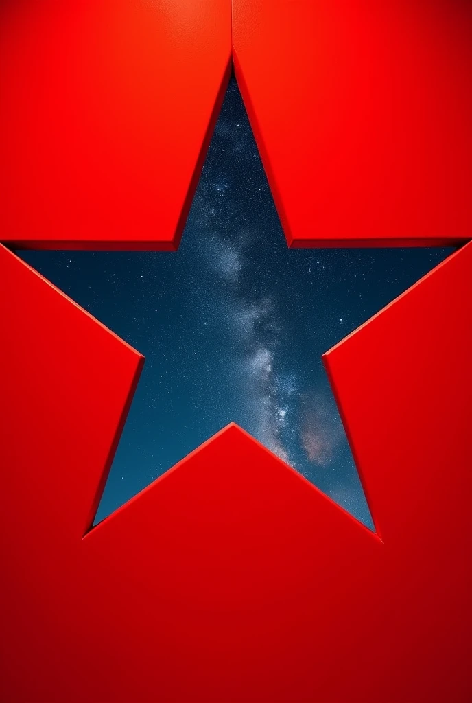 A completely red image with a large star-shaped cutout in the center and a starry sky in the background, many small white stars are drawn on it