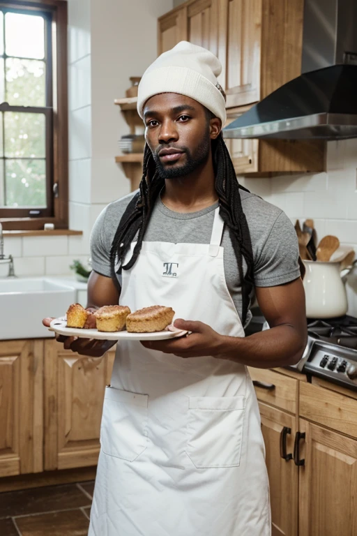 best quality, masterpiece, highres, 1 black man, white cooking apron, toque, pretty face,upon_Body, Tyndall effect, photorealestic, country house kitchen, holds a tray with a roast in both arms, two tone lighting,(highly detailed skin:1.2), 8K UHD, dslr, Soft lighting, good quality, volumetric lightning, open, photoshot, High resolution, 4K, 8k, bokeh, black hair
