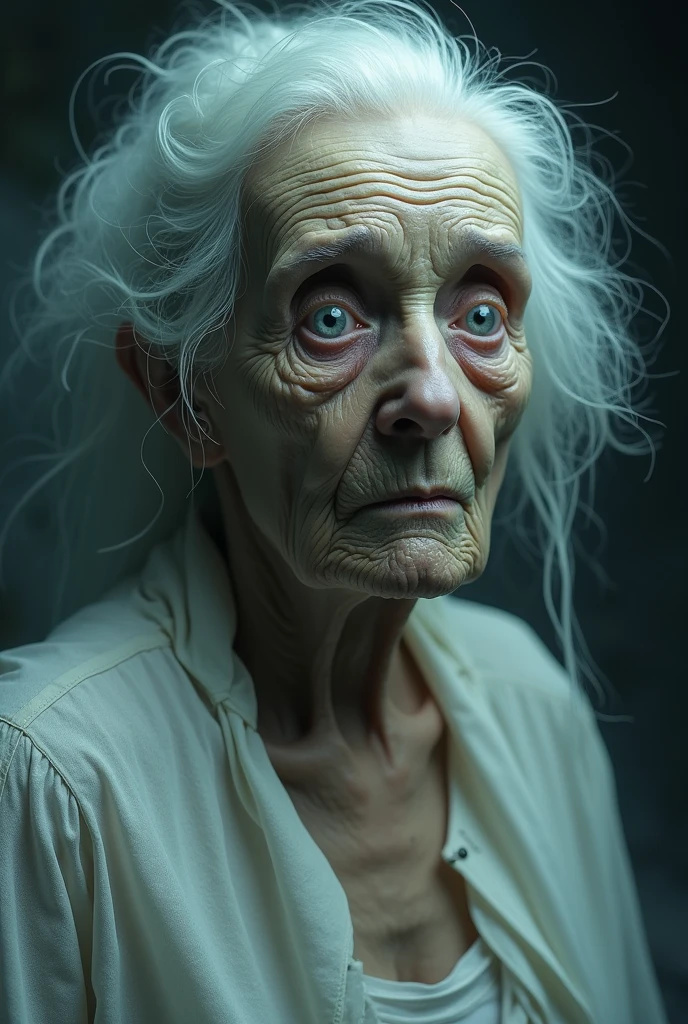 Ugly detailed eyes. Eyes white,. ugly detailed lips, extremely detailed eyes and face, longeyelashes, 1 old lady, ghost white dress ripped, long hair, granny breast , 500 year old, highly detailed, (best quality,4k,8k,highres,masterpiece:1.2),ultra-detailed,(realistic,photorealistic,photo-realistic:1.37),HDR,UHD,studio lighting,ultra-fine painting,sharp focus,physically-based rendering,extreme detail description,professional,vivid colors,bokeh,dark fantasy,surreal,gothic