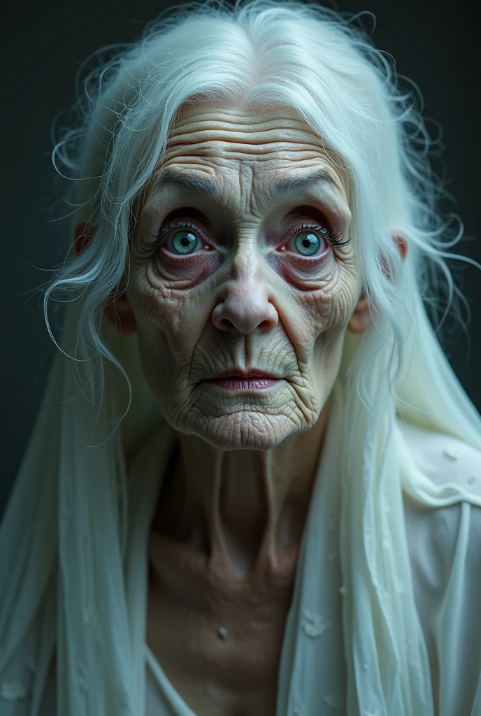 Ugly detailed eyes. Eyes white,. ugly detailed lips, extremely detailed eyes and face, longeyelashes, 1 old lady, ghost white dress ripped, long hair, granny breast , 500 year old, highly detailed, (best quality,4k,8k,highres,masterpiece:1.2),ultra-detailed,(realistic,photorealistic,photo-realistic:1.37),HDR,UHD,studio lighting,ultra-fine painting,sharp focus,physically-based rendering,extreme detail description,professional,vivid colors,bokeh,dark fantasy,surreal,gothic