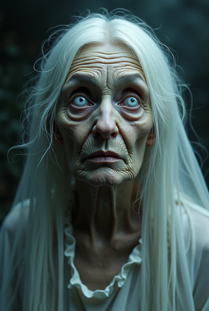 Ugly detailed eyes. Eyes white,.  ugly detailed lips, extremely detailed eyes and face, longeyelashes, 1 old lady, ghost white dress ripped, long hair, granny breast , 500 year old, highly detailed, (best quality,4k,8k,highres,masterpiece:1.2),ultra-detailed,(realistic,photorealistic,photo-realistic:1.37),HDR,UHD,studio lighting,ultra-fine painting,sharp focus,physically-based rendering,extreme detail description,professional,vivid colors,bokeh,dark fantasy,surreal,gothic