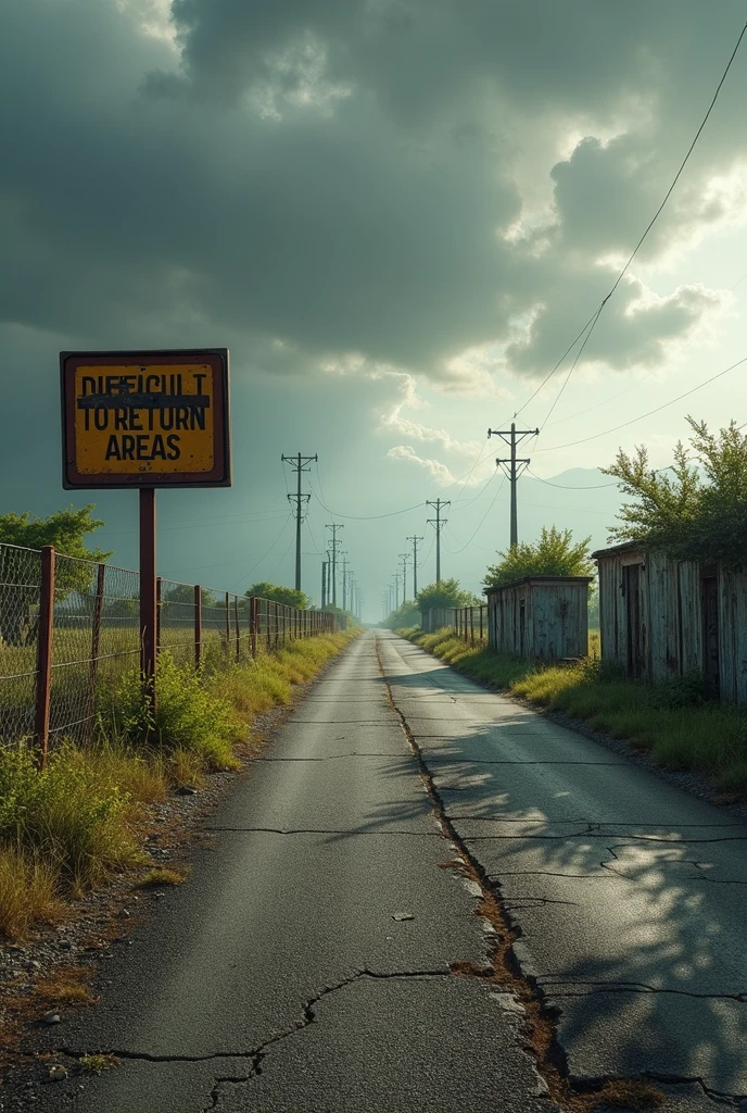 「What&#39;s next、Difficult-to-return areas」A deserted road with a sign that reads