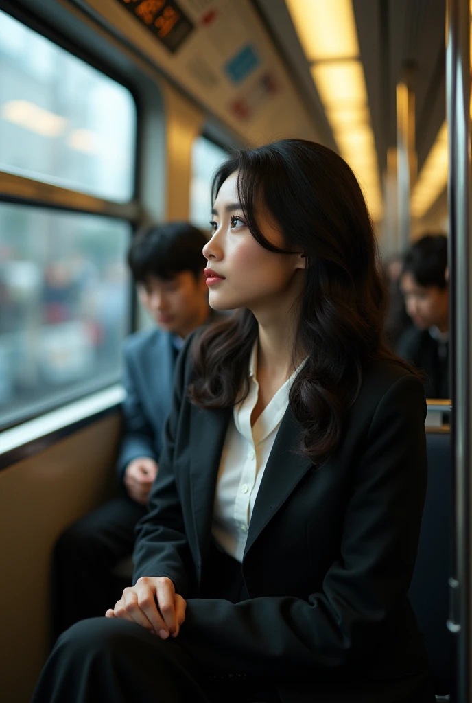 woman in a business suit sitting on a train with other people, a picture by Tadashi Nakayama, pexels contest winner, realism, portrait shot, beautiful asian woman sitting, handsome girl, a young asian woman, young asian woman, girl in suit, japanese model, sat down in train aile, attractive girl, girl in a suit
