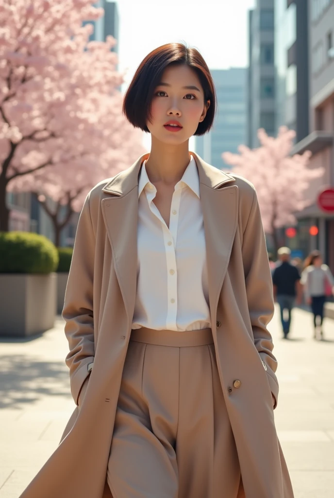 Short hair Korean girl with wearing coat and a white shirt with a skirt