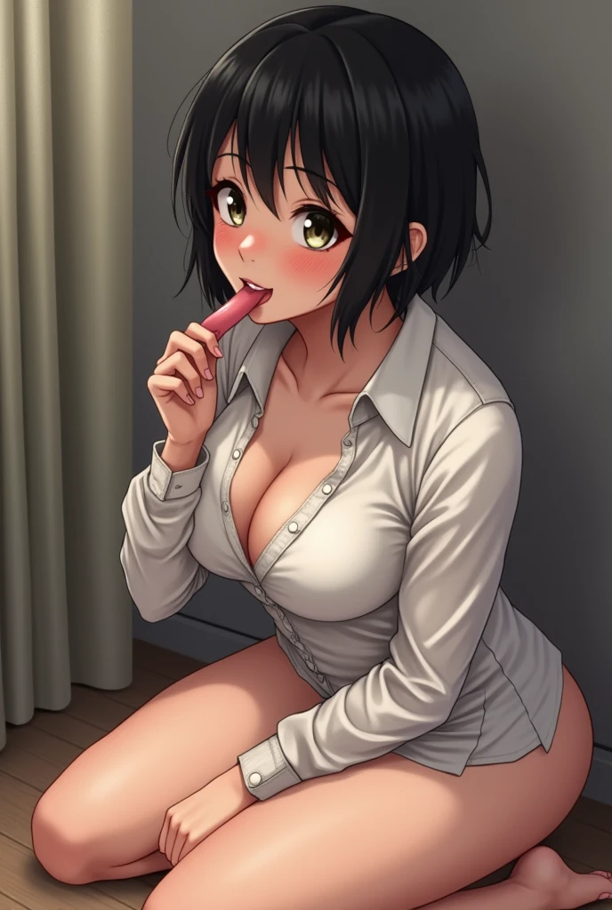 Girl kneeling while sticking out her tongue and on her tongue there is a thick , she has a face of pleasure and is blushing, she has a white shirt that is a little transparent, she has short shorts, she has short black hair, she has big breasts, thighs and butt, she is licking a man's penis