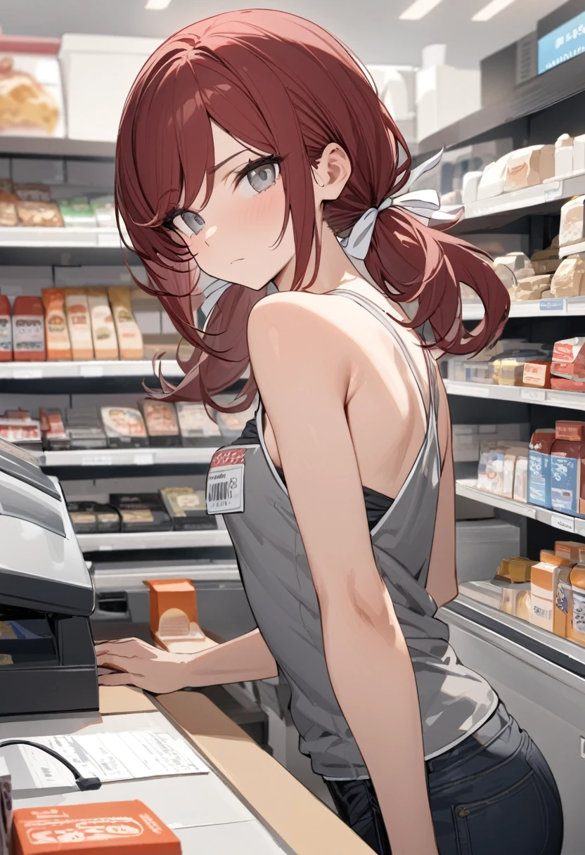 Masterpiece, highres, high Quality, detailed face, over-the-shoulder shot, solo, working behind counter, Gray eyes, dark red hair, swept bangs, low twin tails, white ribbons, gray strapless tank top with white trim, nametag, black jeans, small breasts, toned arms, cashier, closed mouth, convenience store, counter, 