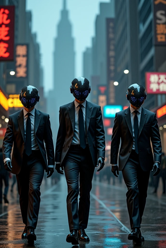 3 men in suits with futuristic helmets on walking in the rain