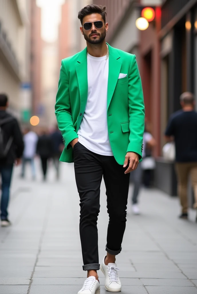 man wearing parrot green blazer, white round colour t shirt, black jeans and white shoes