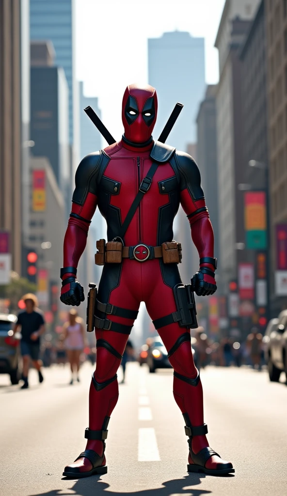 Deadpool on the Street，Standing，Sunlight，full-body shot，HD，Ultra-high resolution