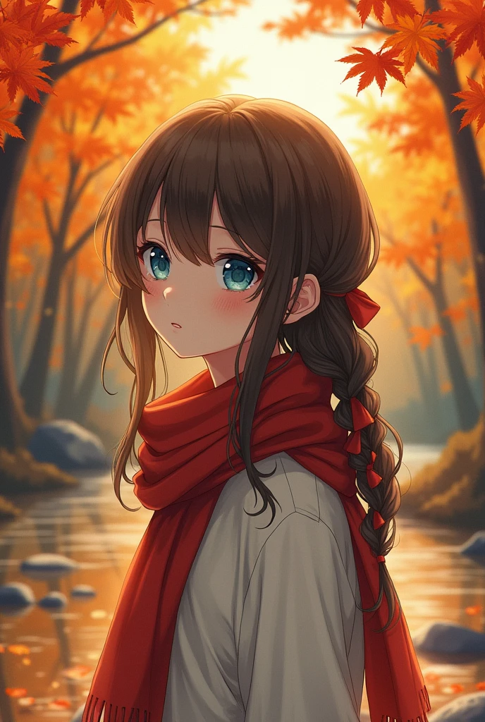 (masterpiece), best quality, Extremely detailed, illustration, Warm lighting, Soft lighting, Vibrant colors, 1 girl, Solitary,( beautiful girl, Long hair, blue eyes, Ribbon, Brown hair, Hair between the eyes, hair Ribbon, Side lock, very Long hair, Messy hair,) , autumn, Many maple trees, Maple Leaf, Gold Leaf, Autumn Leaves, Dried leaves, river, Fresh air, Peace, Cool breeze , Sweater Weather,( Wear a white or brown sweater, red scarf, Melancholy的autumn, eager的, Melancholy, sad ,Worry, eager,)