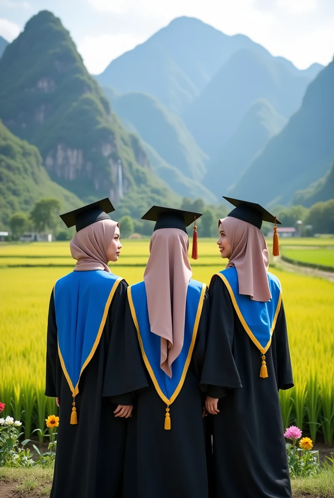 Anfinity art photography, (highquality) , 3 women wearing hijab,  pastel brown color hijab, wearing black graduation hat, wearing blue graduation hood with yellow color on the edge, wearing black graduation gown, Long graduation gown that covers the ankles, wearing black shoes , rice field background with flowers,mountain background with waterfall, kawaii theme designs, kawaii poses