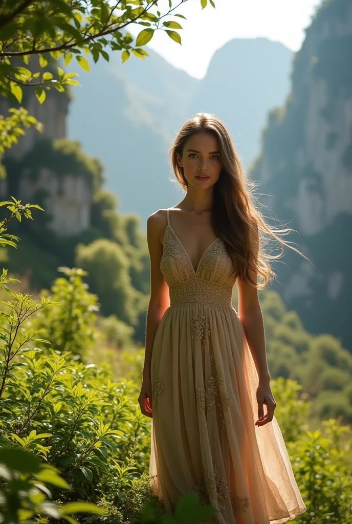 a young woman in the countryside of montenegro, beautiful detailed eyes, beautiful detailed lips, extremely detailed eyes and face, long eyelashes, beautiful flowing hair, elegant dress, serene expression, sunlight streaming through trees, lush green foliage, detailed rocky mountains in the background, mist and fog, cinematic lighting, vibrant colors, (best quality,4k,8k,highres,masterpiece:1.2),ultra-detailed,(realistic,photorealistic,photo-realistic:1.37),highly detailed landscape