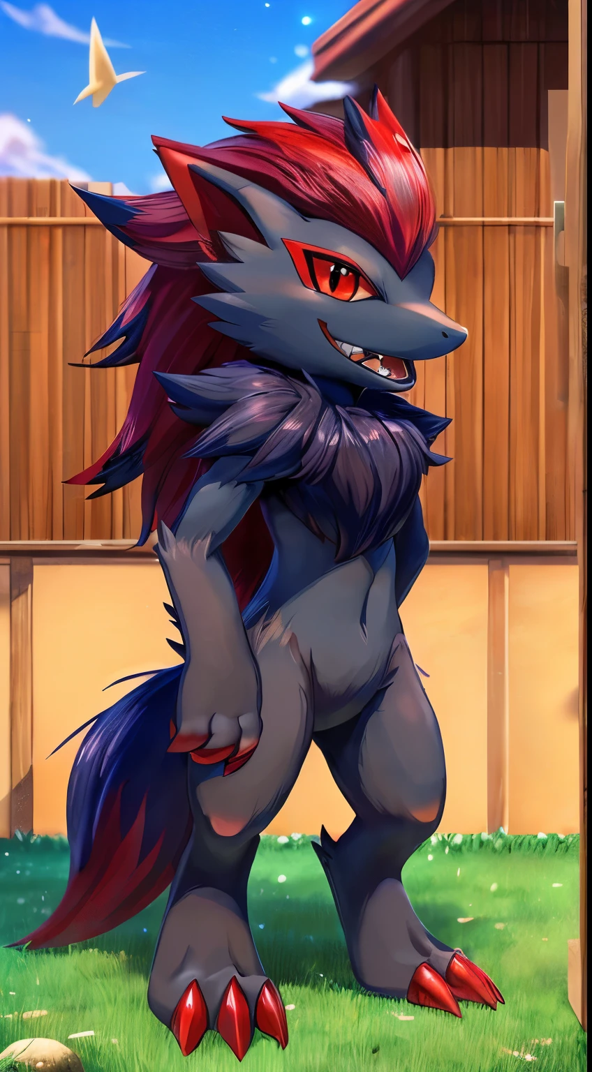 (by：hirochanu: 1.8)，zoroark,45° Side face，smile，(red eyes: 1.5)，solo，openmouth， All body，toe claws,teeth,tail，facial tuft，claws，chest tuft，(Set in the background of daytime yard，Small stature: 1.2)，stand,，

