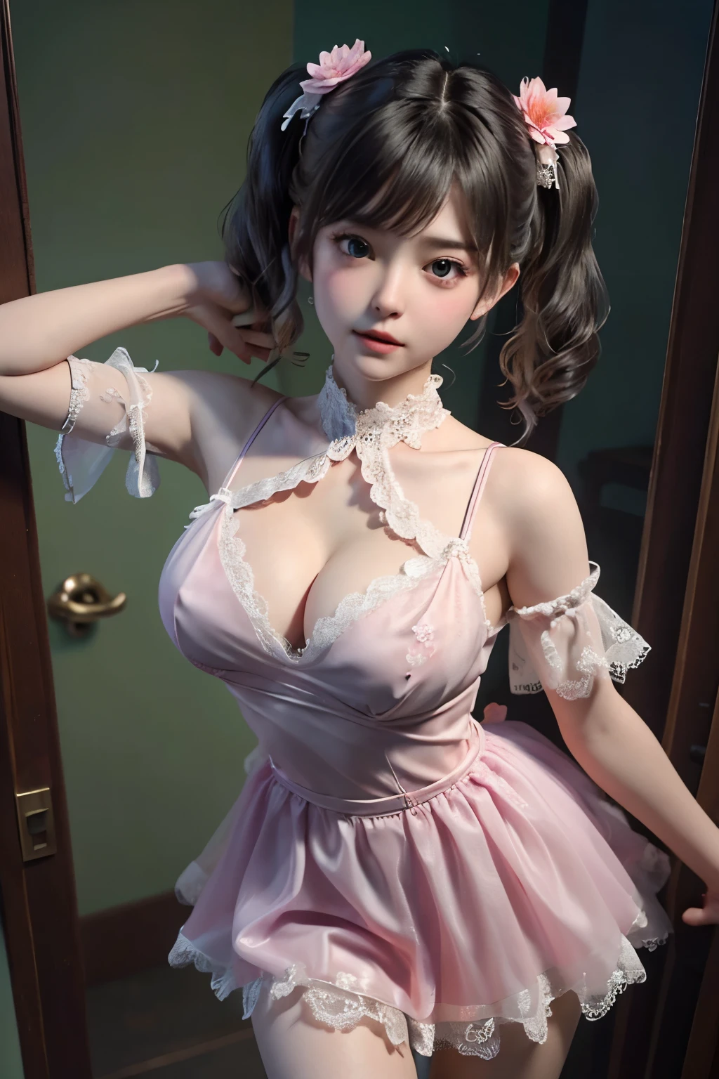 A girl, cute 10 yearl old, maturbate, big breast, sexy, short dress, detail bra , position look up camera, lace wet  flower, twin tail, open V-chested clothes Thin silk lace dress , (huge ，cleavage),, white pink and gren，best qualtiy，tmasterpiece，Ultra-high resolution，（Reality：1.4），RAW photogr，（True skin texture：1.3），（filmgrain：1.3），（Selfie angle），1个Giant Breast Girl，Beautiful eye and face details，tmasterpiece，Best quality at best，，The chest more exposed， detailed brapurple and green