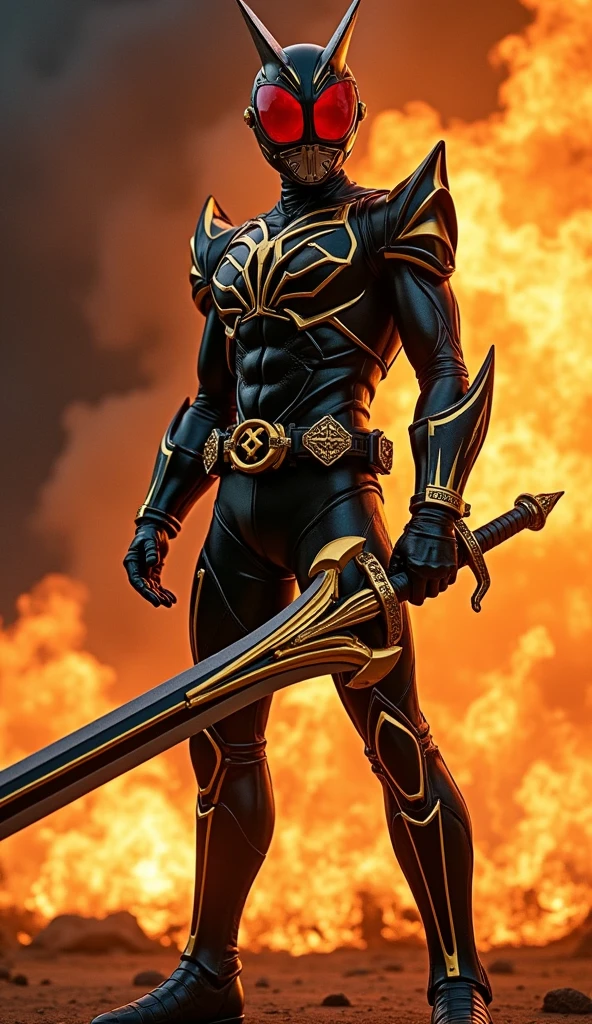 ((best quality)), ((masterpiece)), (detailed), solo, black and gold, superhero, Kamen rider black RX, On the left chest it says "RX", Fire sword in right hand