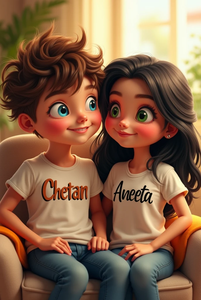 A boy sitting in the chair having written 'chetan' in tshirt and add a girl having written 'aneeta' in Shirt they both should look like boyfriend and girlfriend name that written in shirt should look clearly should look like more older show the name clearly 