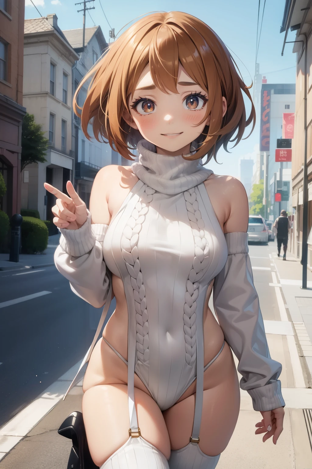 Ochaco Uraraka  ,1girl , anime , masterpiece  ,  smug smile ,short hair, virgin_destroyer_sweater ,  coxas , medium  breasts , thighs, sexy , rosy cheeks 