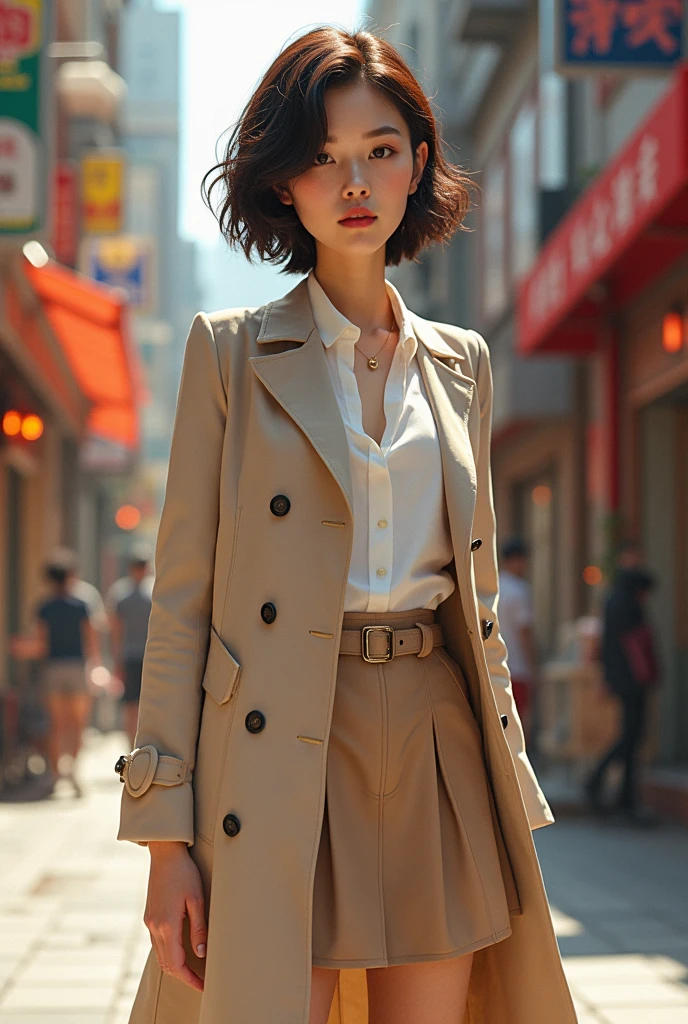 Short hair chinese girl with wearing coat and a white shirt with a skirt 