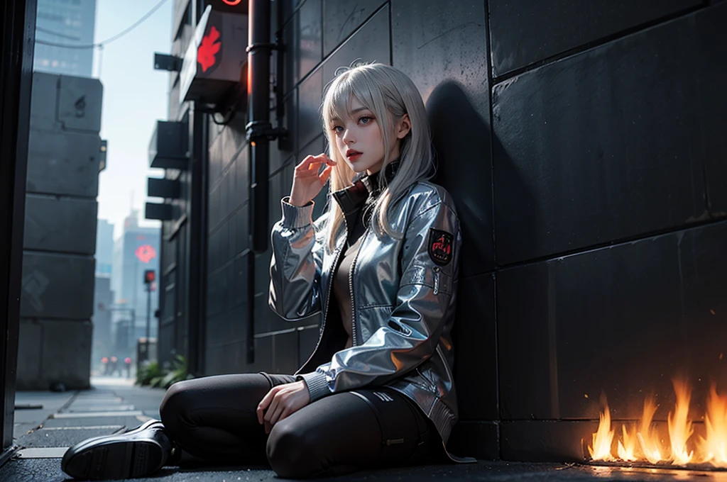 A silver-haired woman sitting by the wall, Cyberpunk Anime Art, Women's race wears ultra-thin white lace bikini,Sexy pose,(Huge breasts: 1.2),(((Breast close-up)), , (((Open your legs))),((((whole body,))))Sci-fi headdress, Beautiful sci-fi background highlights sexy female racer in skimpy white lace bikini,Female Expression,Ray Tracing,nvidia RTX,Super Resolution,Unreal 5,Subsurface scattering,PBR Textures,Post-Processing,Anisotropic filtering,Depth of Field,Maximum clarity and sharpness,Multi-layered textures,Albedo and Specular Maps, Surface Shading,Accurately simulate the interaction of light and materials,Perfect proportion,Octane Rendering,Two-color lighting,Low ISO,White Balance,Rule of Thirds,Large aperture,8K Original,High-efficiency sub-pixel,Film Grain,Glowing particles,Facing the camera,Looking at the audience,Golden Section,8K HD Wallpaper。