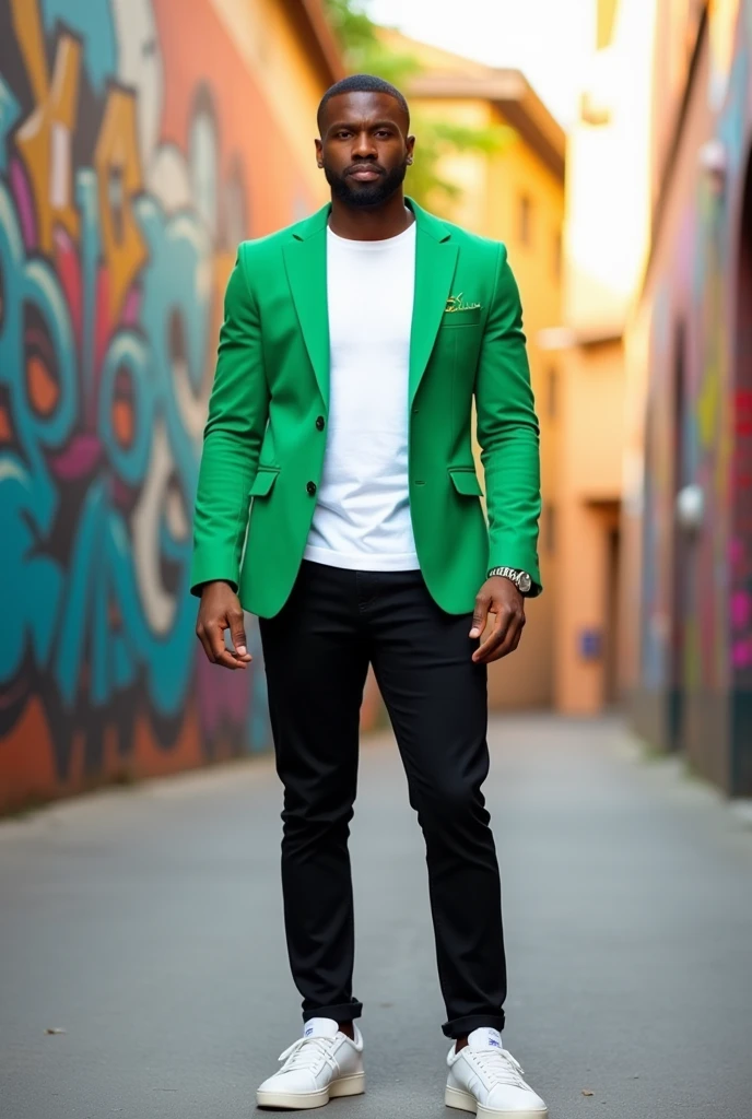 man wearing parrot green blazer, white round colour t shirt, black jeans and white shoes