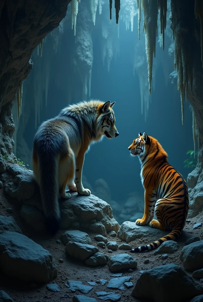 The tiger and wolf sat together in the cave and were happy.