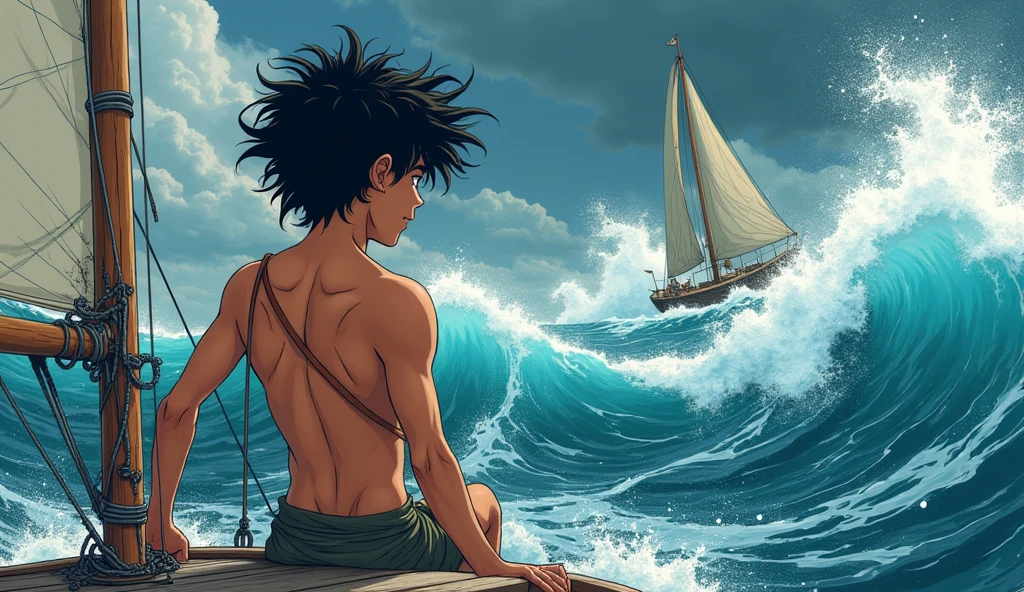 Kai is a lean, wiry teenager with tanned skin from long days spent under the sun. His hair is dark and unruly, kai onboard and The ocean unleashing its fury, with towering waves crashing violently against a tiny boat, tossed around like a leaf in the wind."**