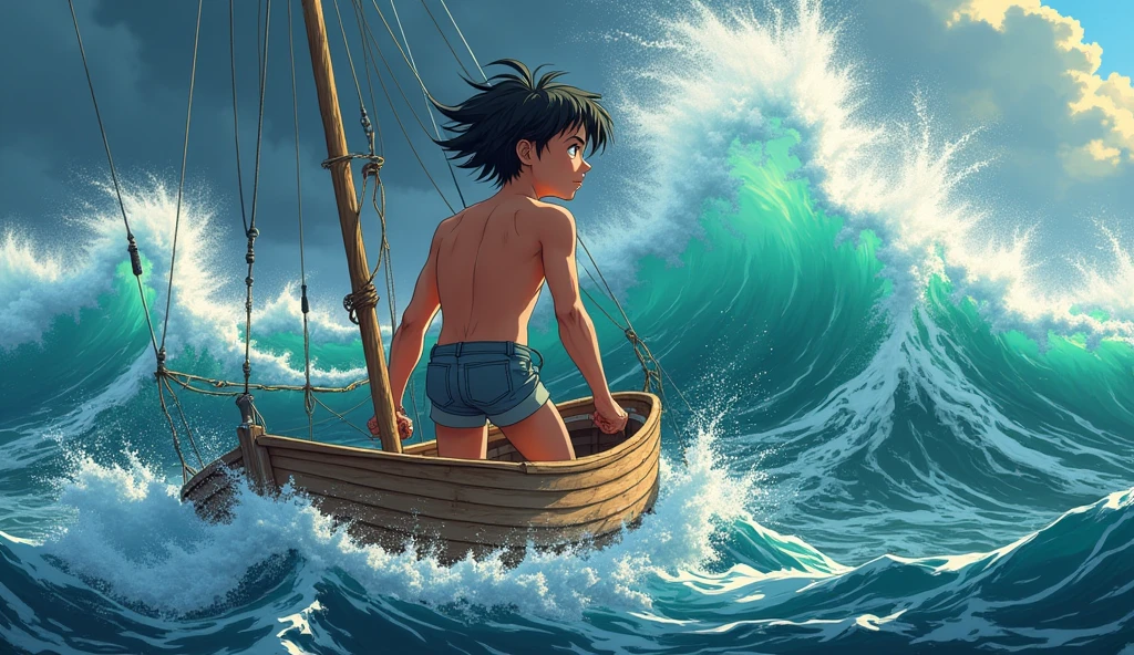 Kai is a lean, wiry ager with tanned skin from long days spent under the sun. His hair is dark and unruly, onboard at holding the mast ..The ocean unleashing its fury, with towering waves crashing violently against a tiny boat, tossed around like a leaf in the wind."anime cartoon