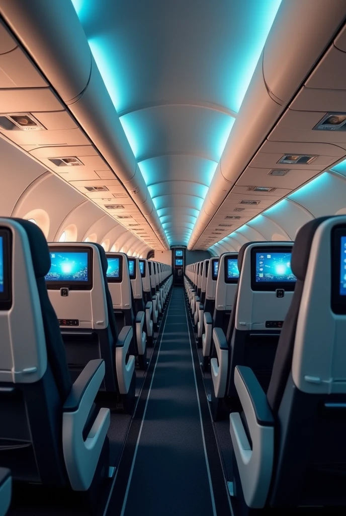 In the cockpit of the aircraft,Camera 45° overlooking the cabin,You can see a lot of airplane seats,The seats have screens on the headrests,Real Effects,No passengers