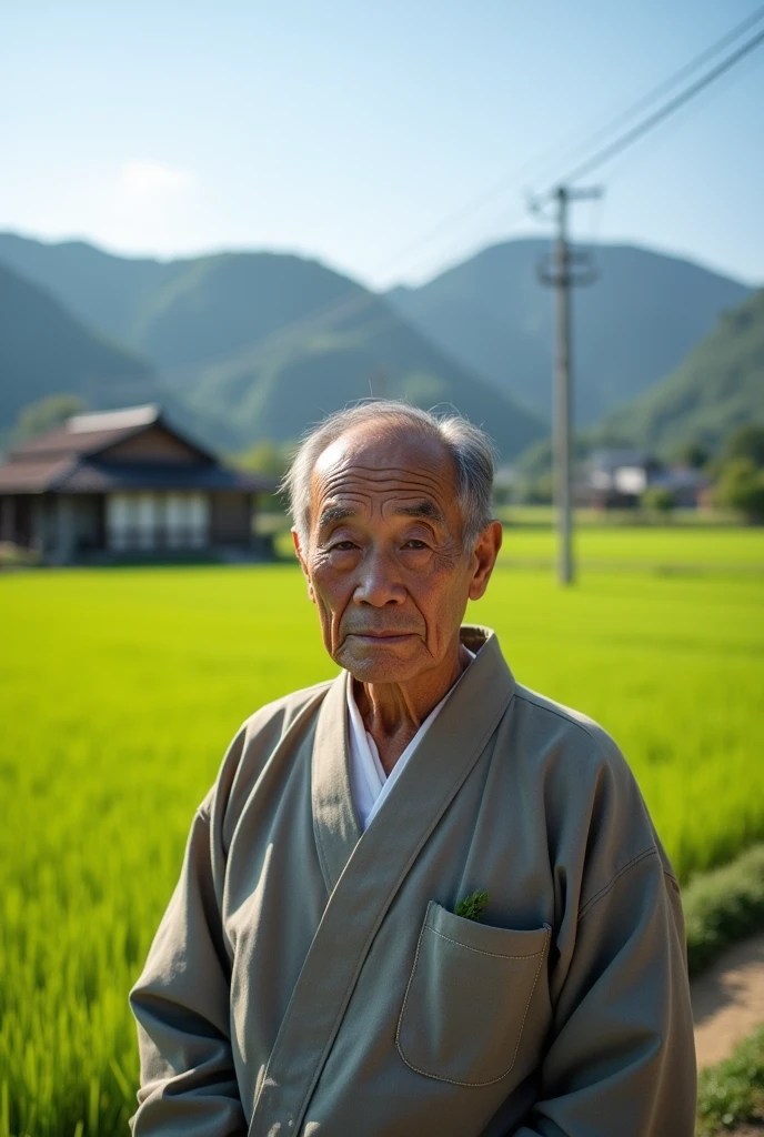 Japanese man, 50 years old, Village backdrop, Look straight., Medium shot