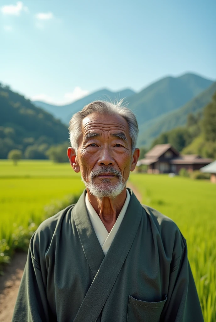 Japanese man, 50 years old, Village backdrop, Look straight., Medium shot