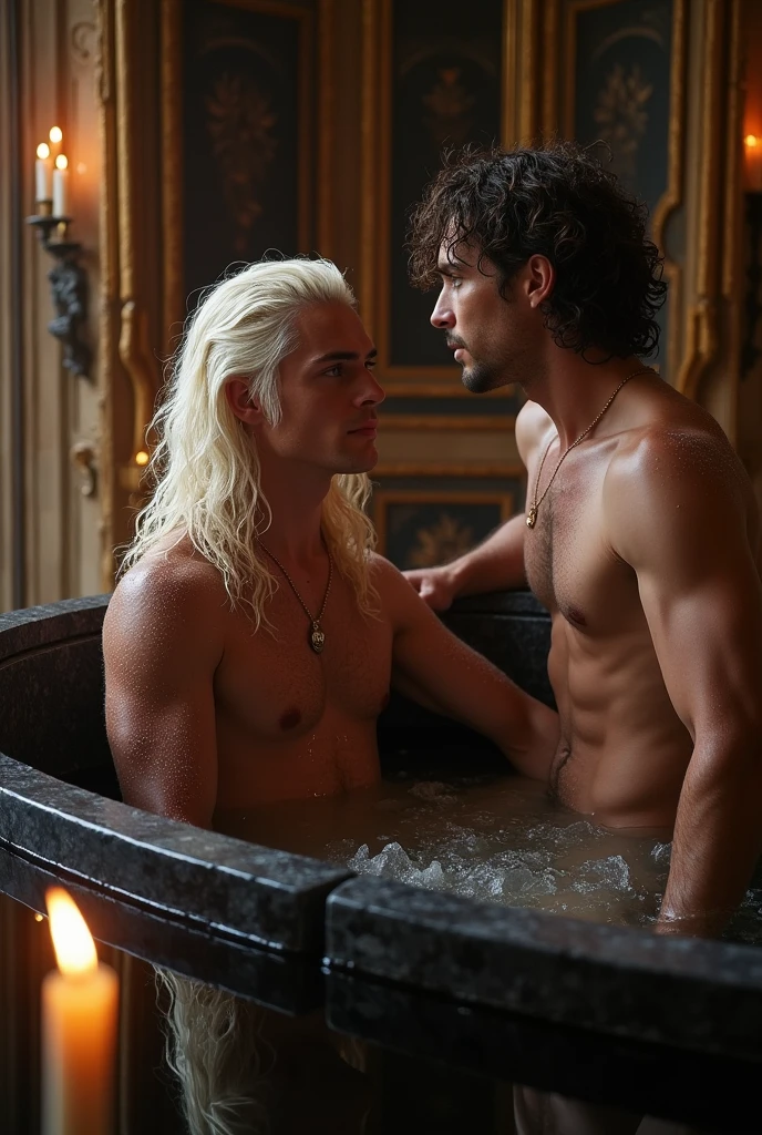 A handsome Aesthetic Targaryen Prince with long curly platinum blonde hair , he's bathing in a black tub made of Black Stones ,His face is detailed by freckles, purple eyes,black water on tub, he's naked,A man is standing next to him with Black eyes and he's naked too.