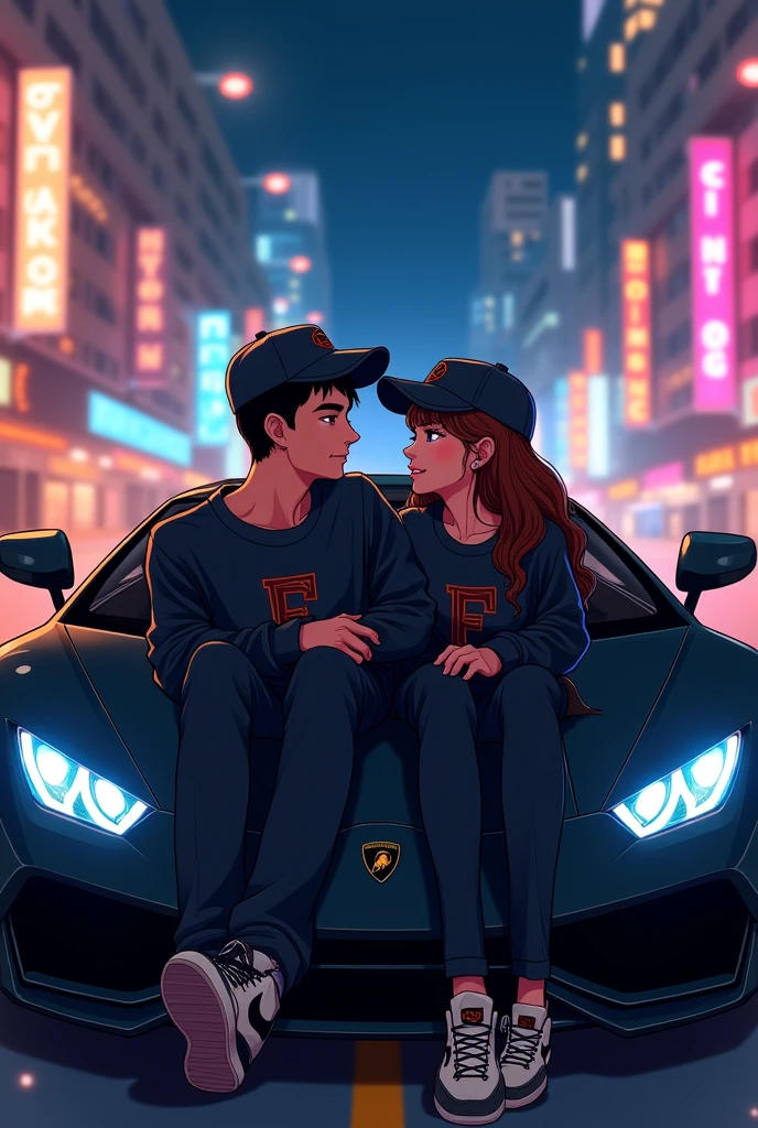 High quality photos of a couple in love, sitting in a Lamborghini, anime drawings, with the initials G for man and F for woman, in their black sweaters and black cap, the couple with Nike tennis shoes.