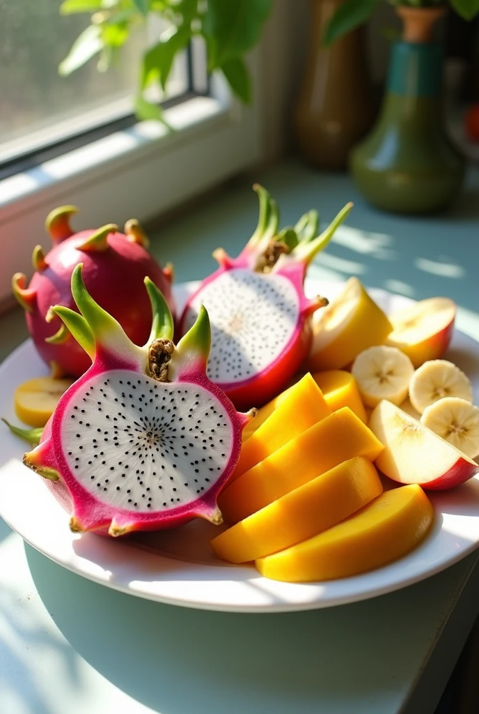 one plate some cutting fruit like Dragon food , cutting magos, Cutting banana, cutting apple
