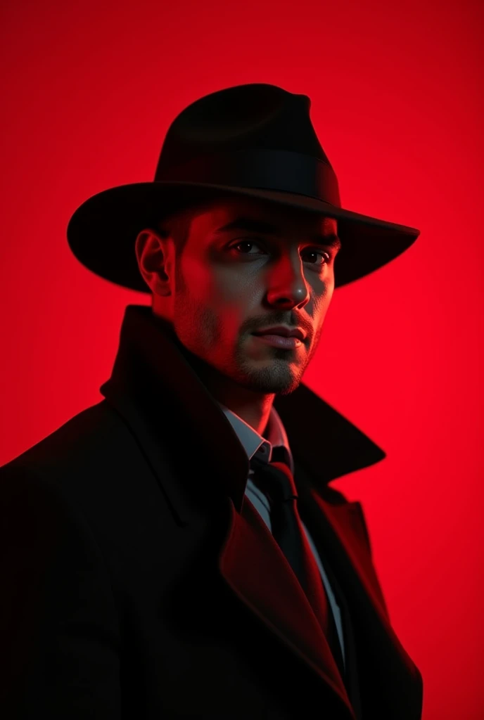 Create a profile picture for Instagram with a simple atmosphere and a red background.、A male character wearing a detective hat