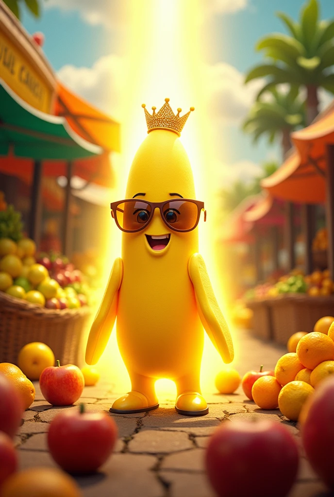 Generate a moment of bright✨ shining man banana even fellows fruits can't directly look upon