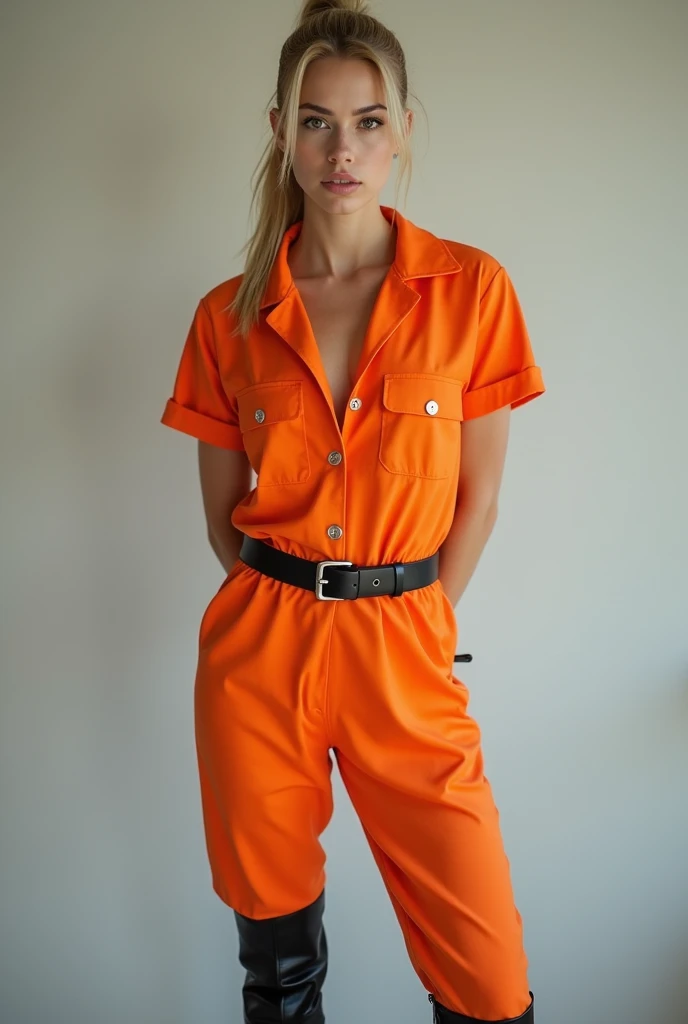Frontal photograph of a beautiful young model with long a blonde medium length pulled back ponytail hair wearing a sexy synthetic orange prisoner jumpsuit, inmate jumpsuit, button-up, sexy view, handcuffed, hands cuffed to her back, wearing a tight black stylish belt, high black boots, short sleeves, sexy pose, very attractive look, skinny, anorexia, 19 years old, thin and athletic body, (thin girl 1:5), short sleeves, supermodel face and body, brown eyes, long pants, hands at back, elastane synthetic orange prisoner jumpsuit, jumpsuit made of elastic spandex, jumpsuit has 4 visible silver buttons, her belt is made of stylish leather, elastic jumpsuit, jumpsuit is not tight on body, perfect woman, slim, (large perfect round fake breasts:1.0), (perfect Hands), (blonde medium straight ponytail hair:1.2), (wasp waist:1.3), big heavy black stylish designer belt of leather, visible breast contours, light blonde hair, a lot of cringles and creases on the jumpsuit, light blonde hair, full body view, tops of her boots visible, sporty ponytail, short sleeves, sexy model pose, she is highlighting her but in her pose, no pockets, looking at viewer like she wants sex, 70's prisoner jumpsuit, 80's orange prison jumpsuit, 90's prisoner jumpsuit, Soviet orange prison jumpsuit, hands handcuffed, handcuffed, handcuffs on her wrists, hands at back, hands cuffed to her back, hands handcuffed to her back, full body view, knees visible, hands tied to her back, hands handcuffed to her back, hands cuffed to her back, sexy pants, pants looking sexy on her legs, sporty style ponytail, picture starting from her knees, jumpsuit made of elastic spandex, very sexy pose, pointing out her ass, belted, long pants, button-up jumpsuit, medium length light blonde loose sleek sporty ponytail