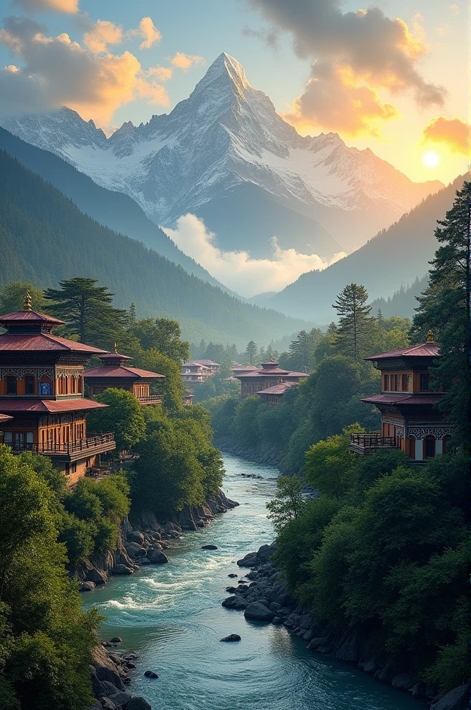 Please generate an image of Bhorletar a small city ( facing the east to south), located in the Western part of Lamjung, among three rivers, at slight height, from where mt. Fishtail and annapurna mountain range can be seen.