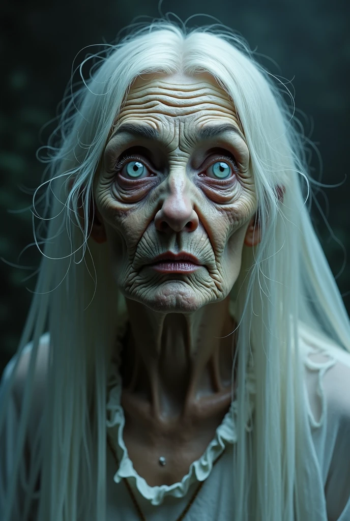 Ugly detailed eyes. Eyes white,. ugly detailed lips, extremely detailed eyes and face, longeyelashes, 1 old lady, ghost white dress ripped, long hair, granny breast , 500 year old, highly detailed, (best quality,4k,8k,highres,masterpiece:1.2),ultra-detailed,(realistic,photorealistic,photo-realistic:1.37),HDR,UHD,studio lighting,ultra-fine painting,sharp focus,physically-based rendering,extreme detail description,professional,vivid colors,bokeh,dark fantasy,surreal,gothic