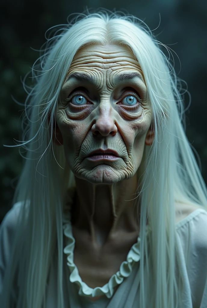Ugly detailed eyes. Eyes white,.  ugly detailed lips, extremely detailed eyes and face, longeyelashes, 1 old lady, ghost white dress ripped, long hair, granny breast , 500 year old, highly detailed, (best quality,4k,8k,highres,masterpiece:1.2),ultra-detailed,(realistic,photorealistic,photo-realistic:1.37),HDR,UHD,studio lighting,ultra-fine painting,sharp focus,physically-based rendering,extreme detail description,professional,vivid colors,bokeh,dark fantasy,surreal,gothic
